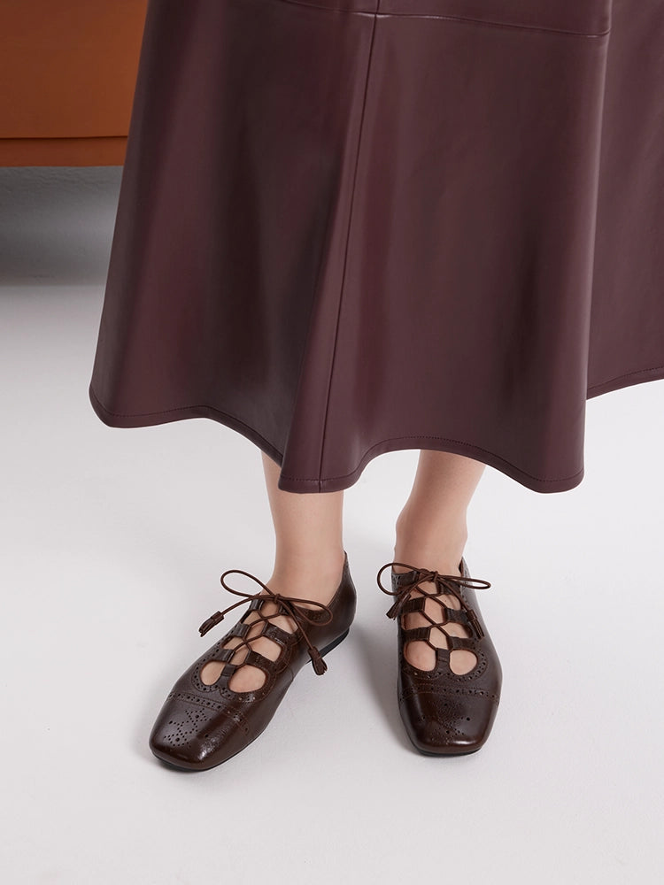 PAZZION, Demi Laced up Perforated Leather Flats - Dark Brown