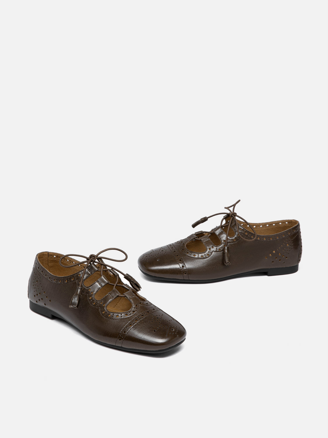 PAZZION, Demi Laced up Perforated Leather Flats - Dark Brown, Brown