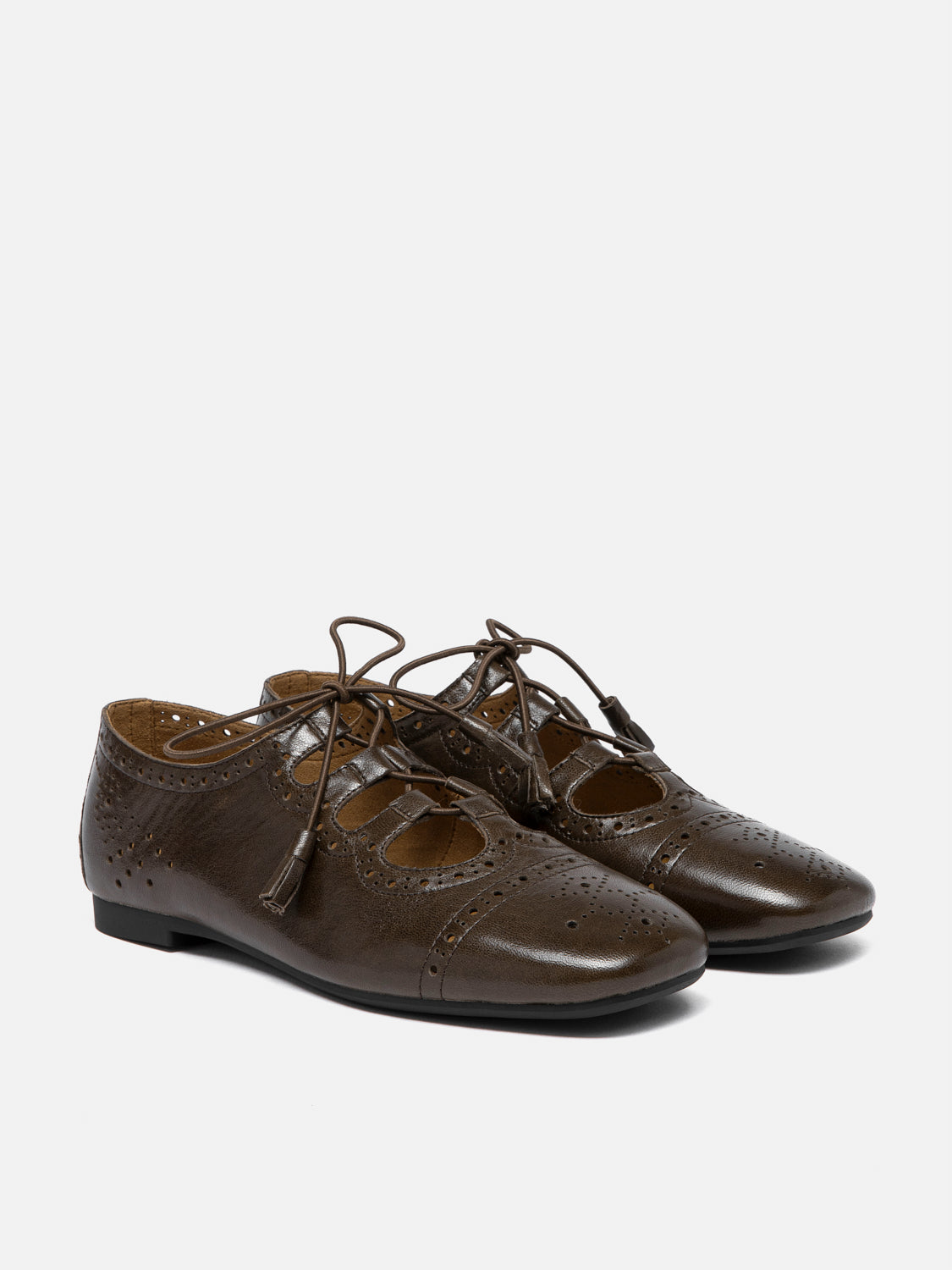 PAZZION, Demi Laced up Perforated Leather Flats - Dark Brown, Brown