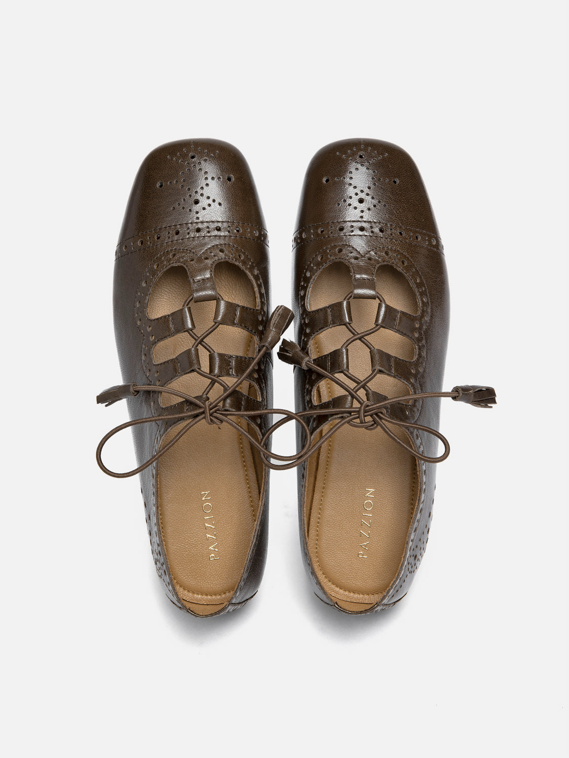 PAZZION, Demi Laced up Perforated Leather Flats - Dark Brown, Brown