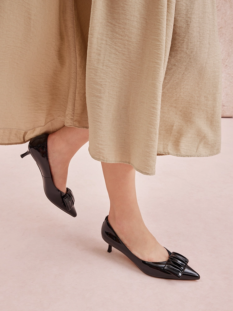 PAZZION, Demna Ruched Pointed Toe Kitten Heels, Black