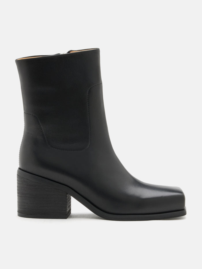 靴 square toe leather heel boots black Eden Square Toe Leather Ankle Boots – PAZZION