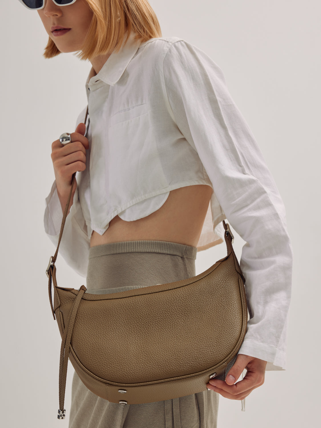 PAZZION, Elaine Crescent Leather Bag, Khaki