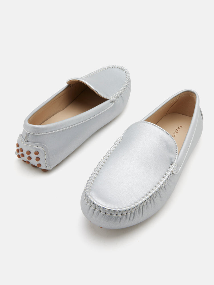 PAZZION, Elara Metallic Moccasins, Silver