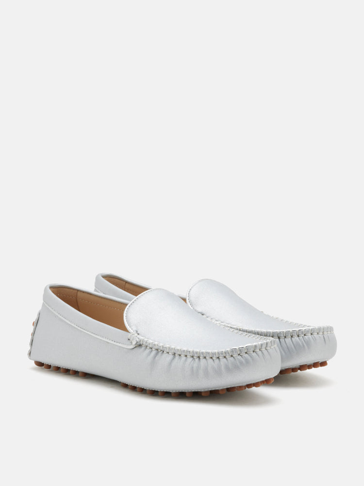 PAZZION, Elara Metallic Moccasins, Silver