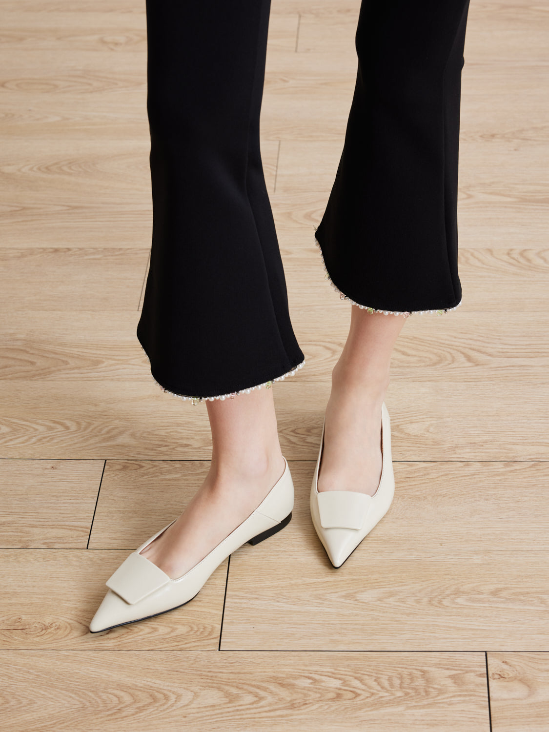 PAZZION, Elie Sculpted Buckle Pointed Toe Flats, Beige
