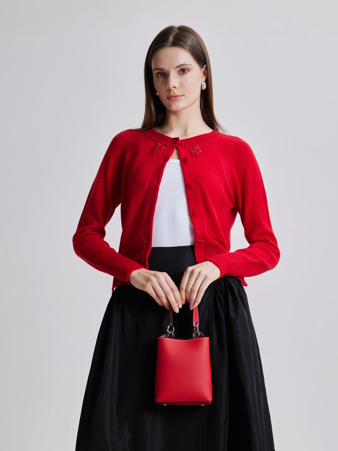 PAZZION, Estelle Leather Mini Bucket Bag, Red