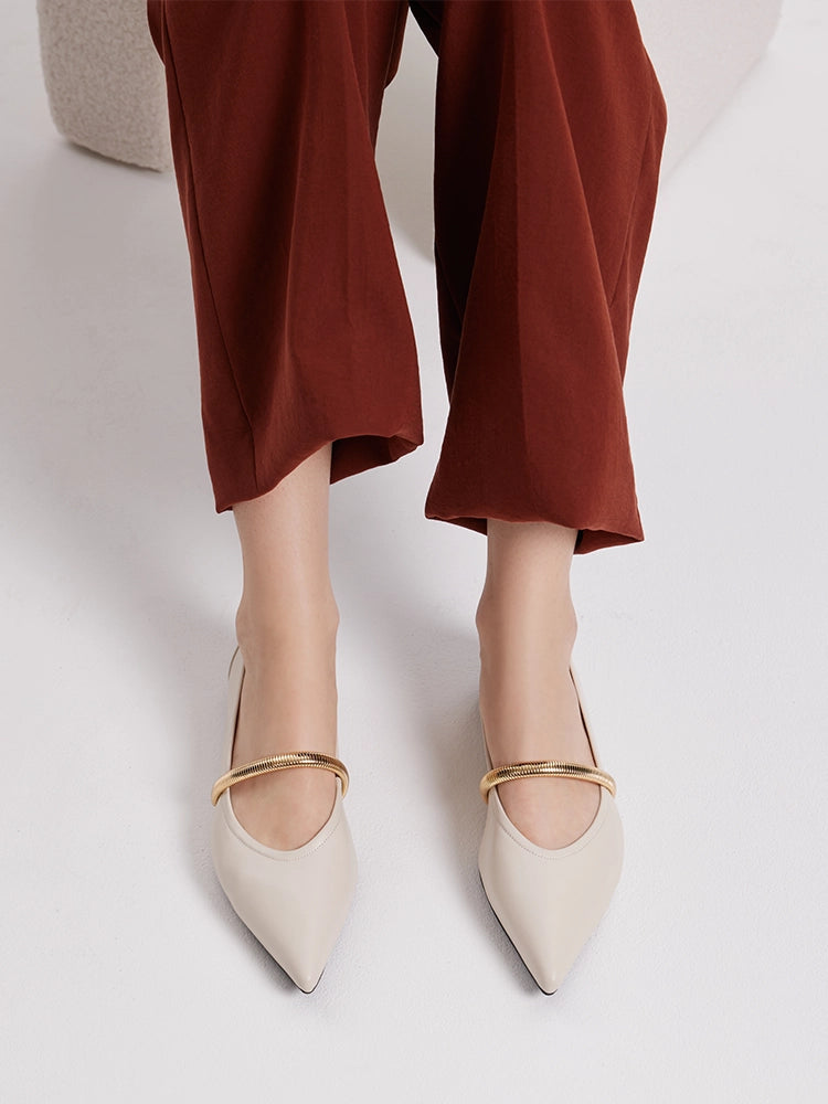 PAZZION, Finley Gold Link Pointed Toe Leather Flats, Beige