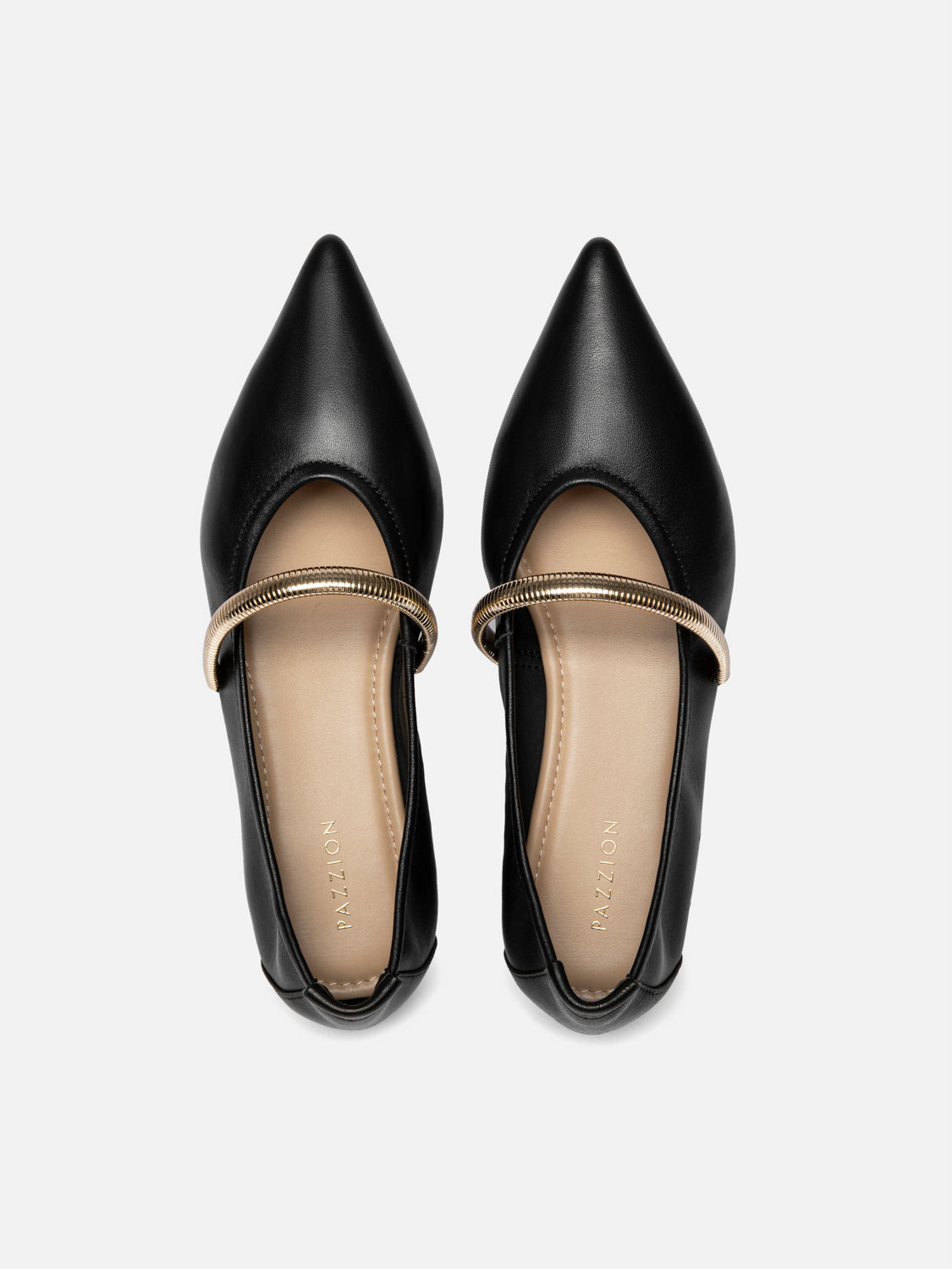 PAZZION, Finley Gold Link Pointed Toe Leather Flats, Black