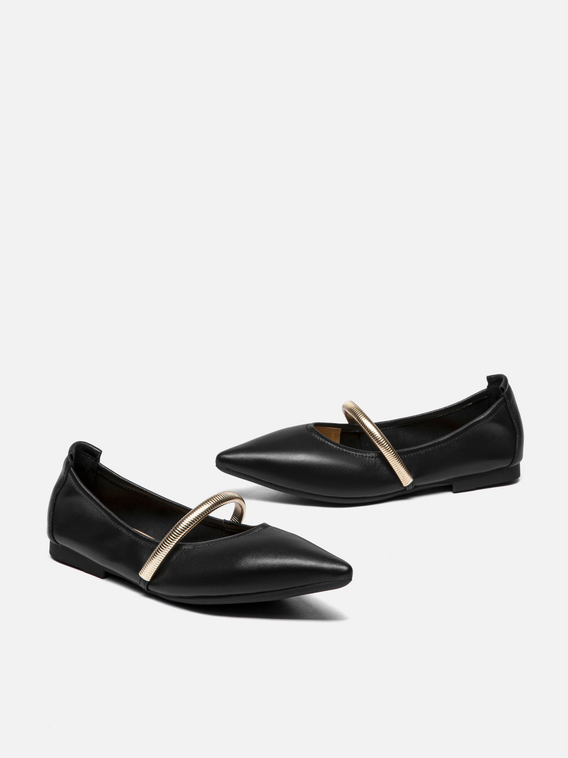 PAZZION, Finley Gold Link Pointed Toe Leather Flats, Black