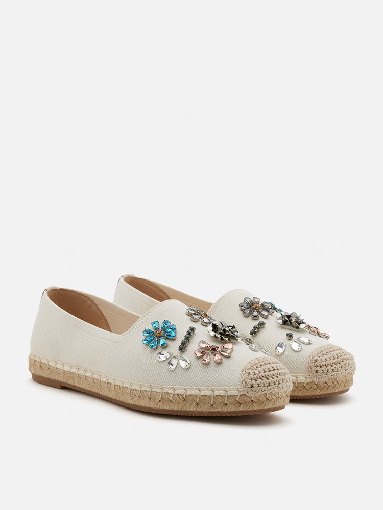 PAZZION, Flanna Crystal Embellished Flyknit Espadrilles, Beige