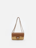 PAZZION, Fleur Raffia Leather Chained Crossbody Bag, Brown