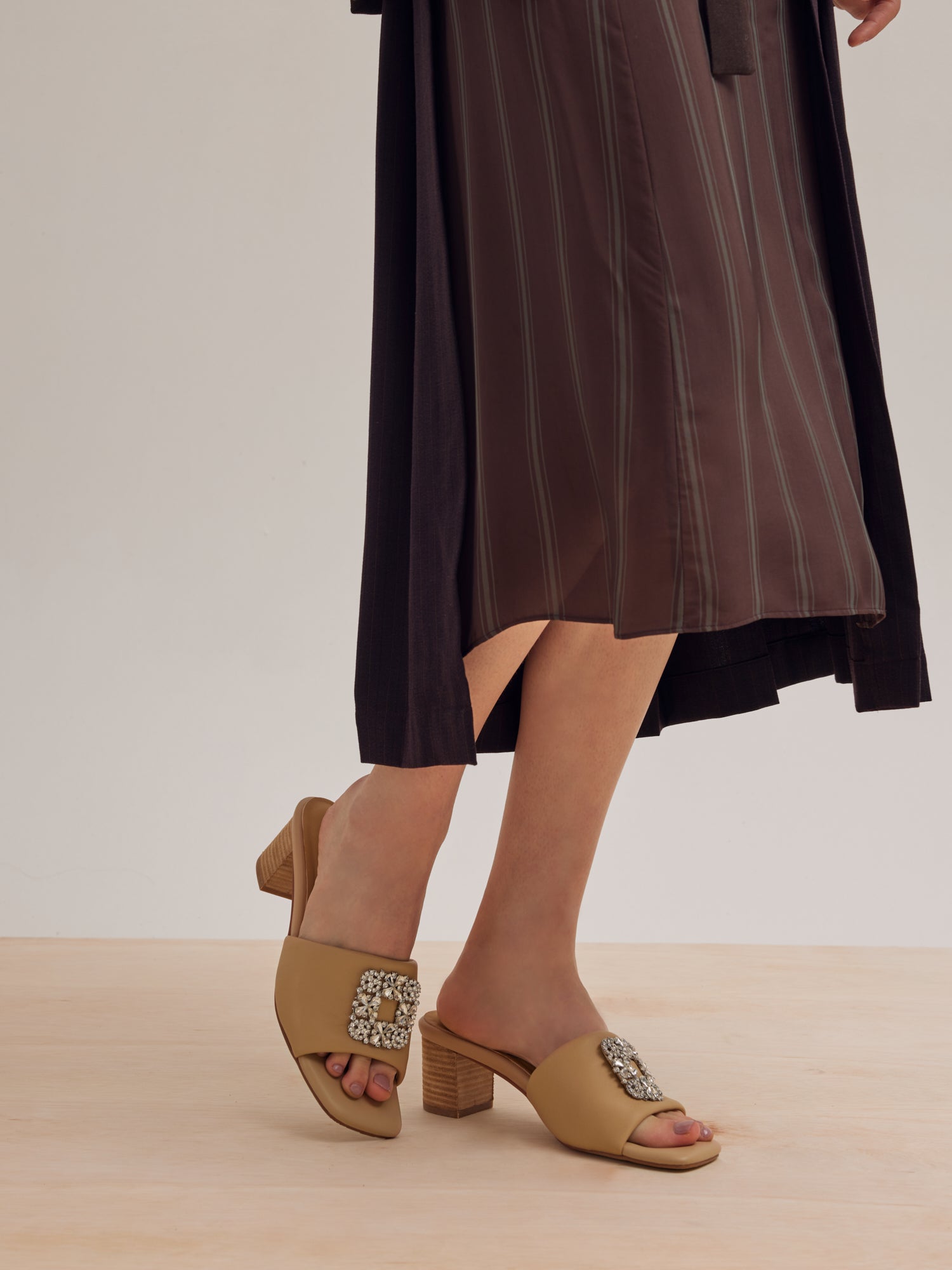 PAZZION, Florence Crystal Embellished Buckle Leather Sandal Heels - Almond, Almond