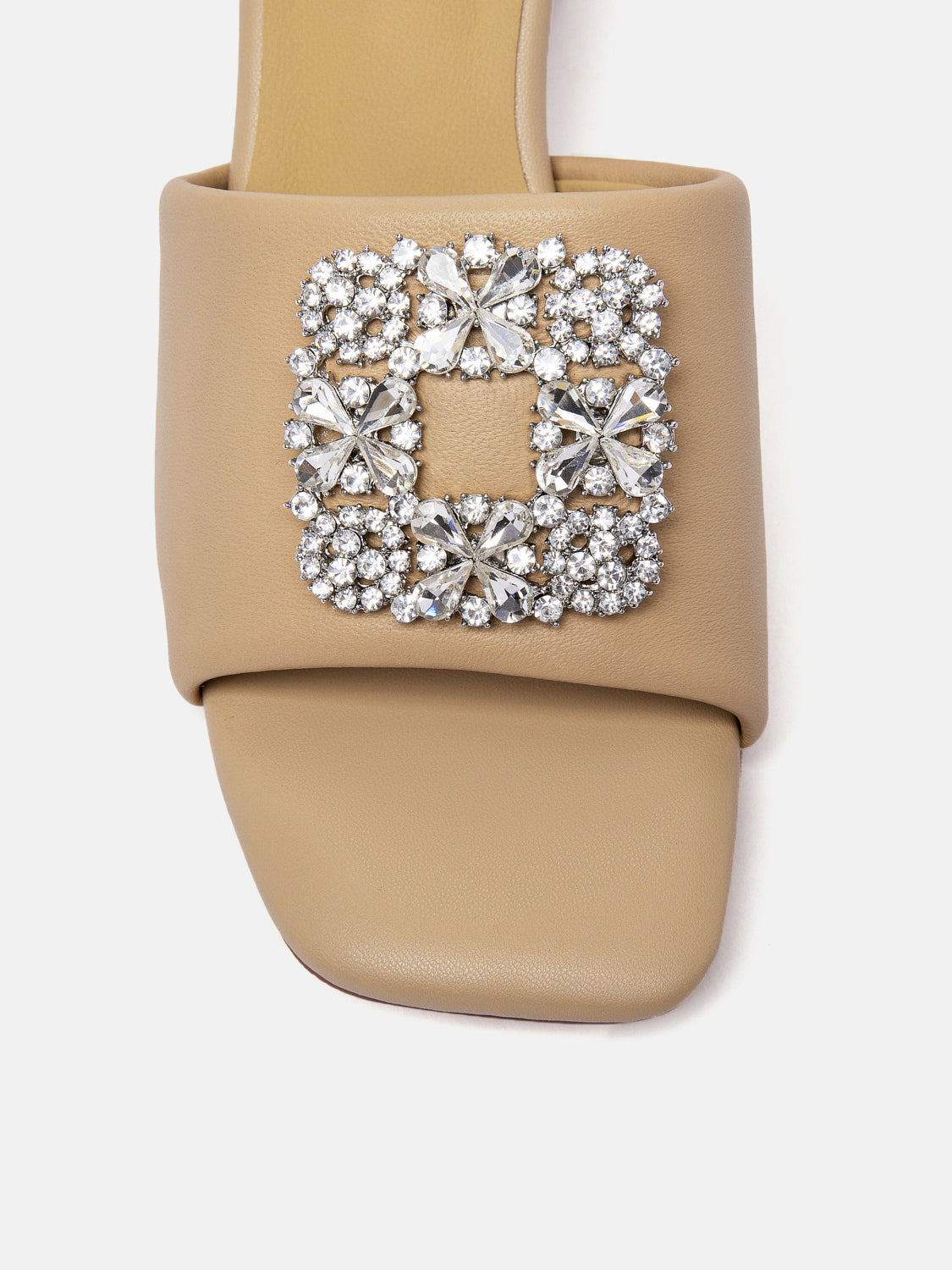 PAZZION, Florence Crystal Embellished Buckle Leather Sandal Heels - Almond, Almond