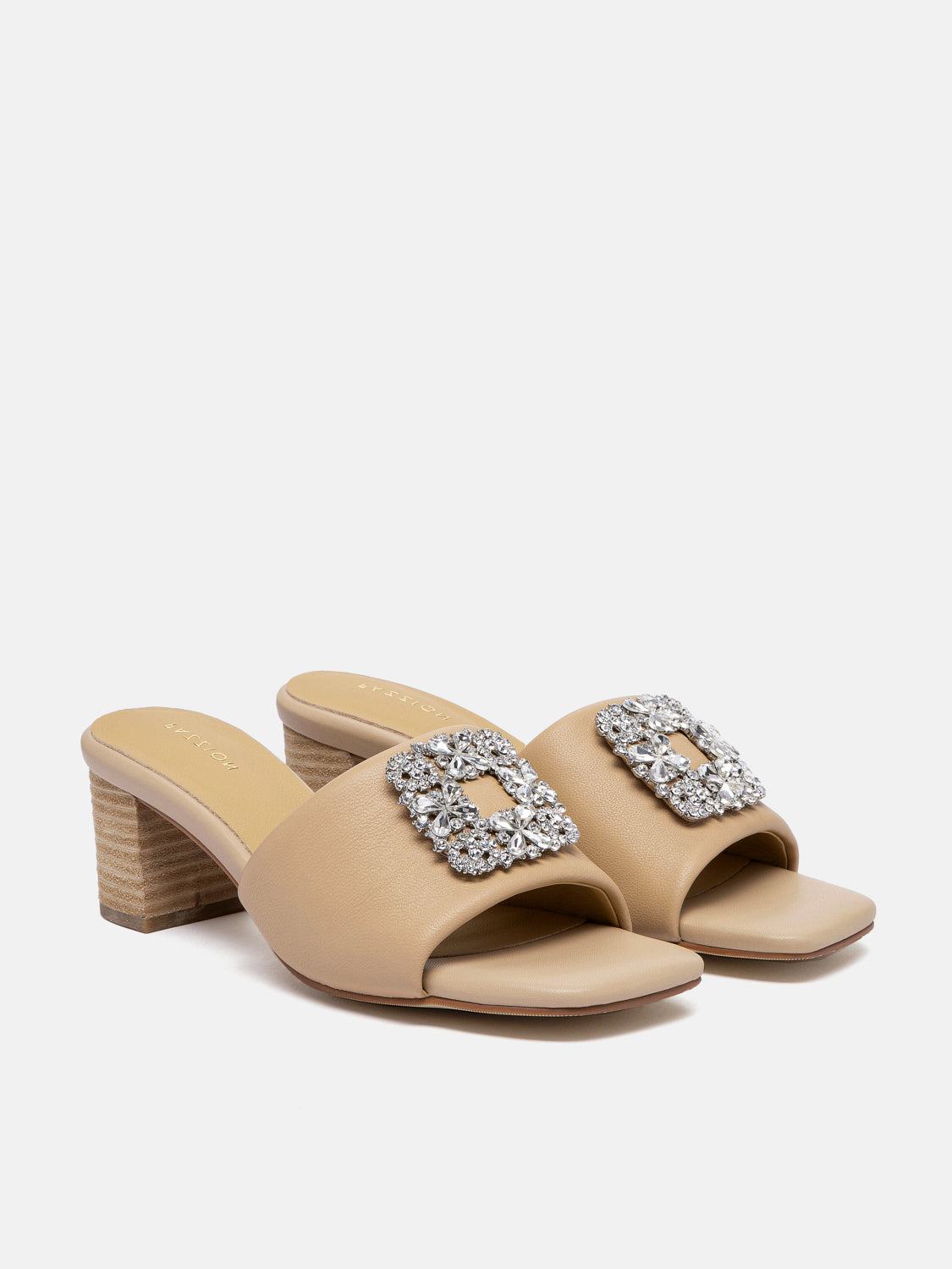PAZZION, Florence Crystal Embellished Buckle Leather Sandal Heels - Almond, Almond
