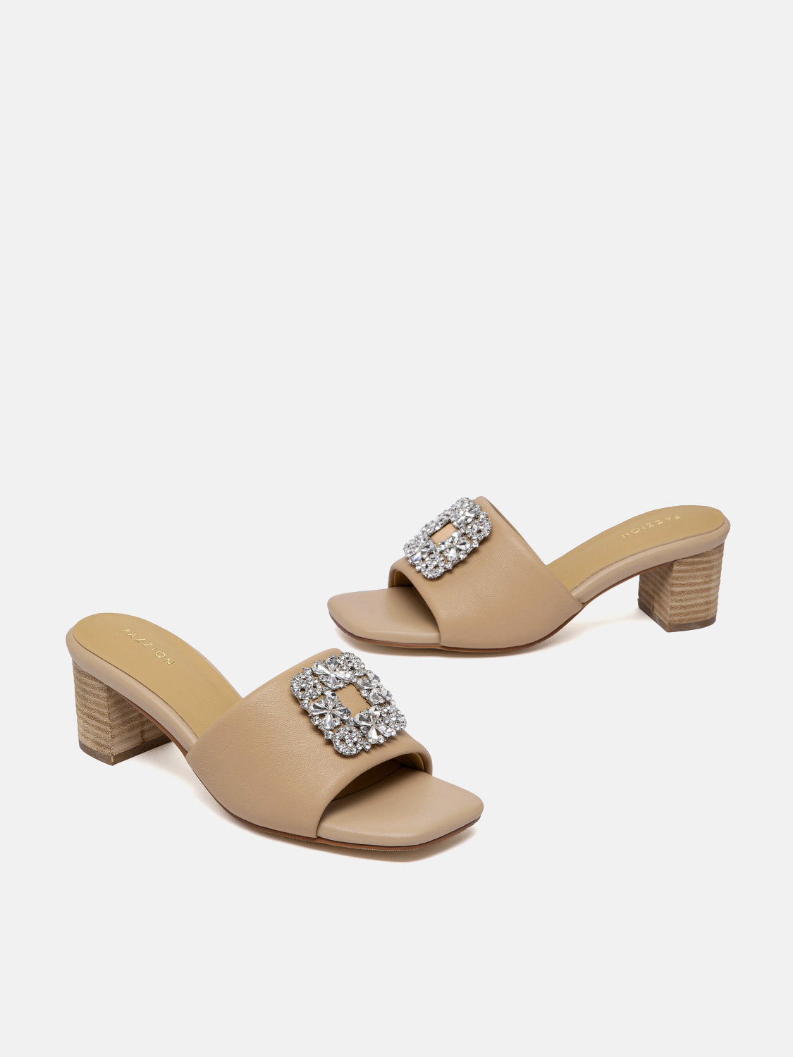 PAZZION, Florence Crystal Embellished Buckle Leather Sandal Heels - Almond, Almond