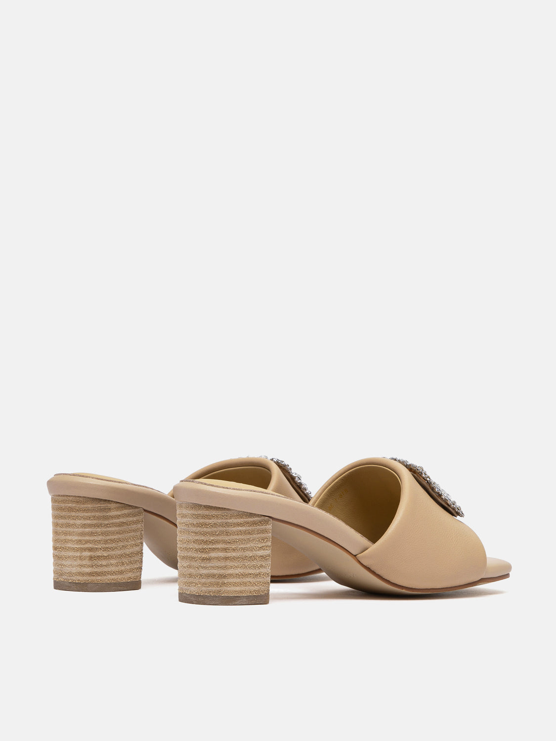 PAZZION, Florence Crystal Embellished Buckle Leather Sandal Heels - Almond, Almond