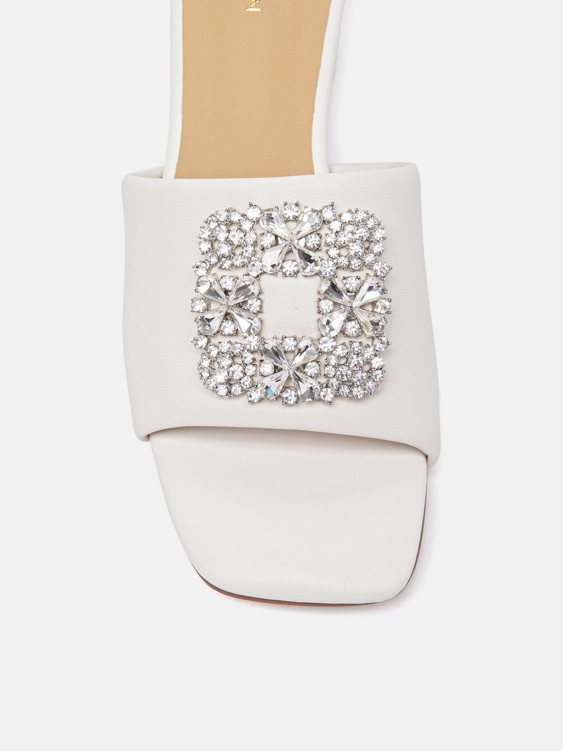 PAZZION, Florence Crystal Embellished Buckle Leather Sandal Heels, Beige