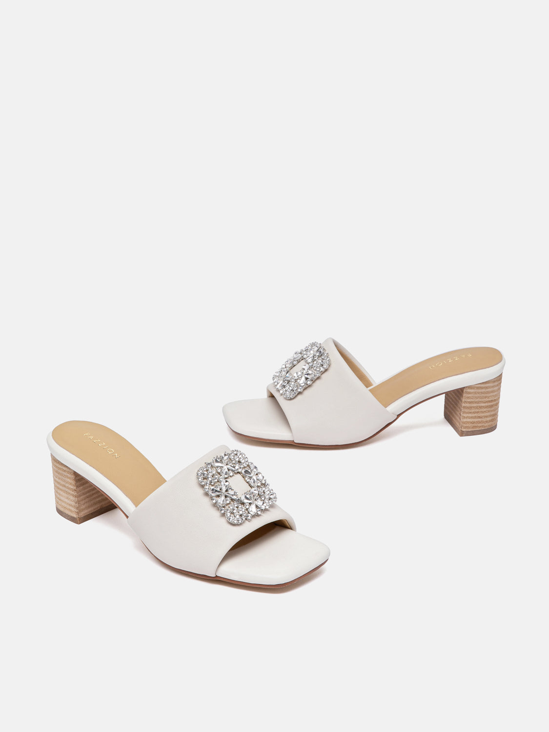 PAZZION, Florence Crystal Embellished Buckle Leather Sandal Heels, Beige