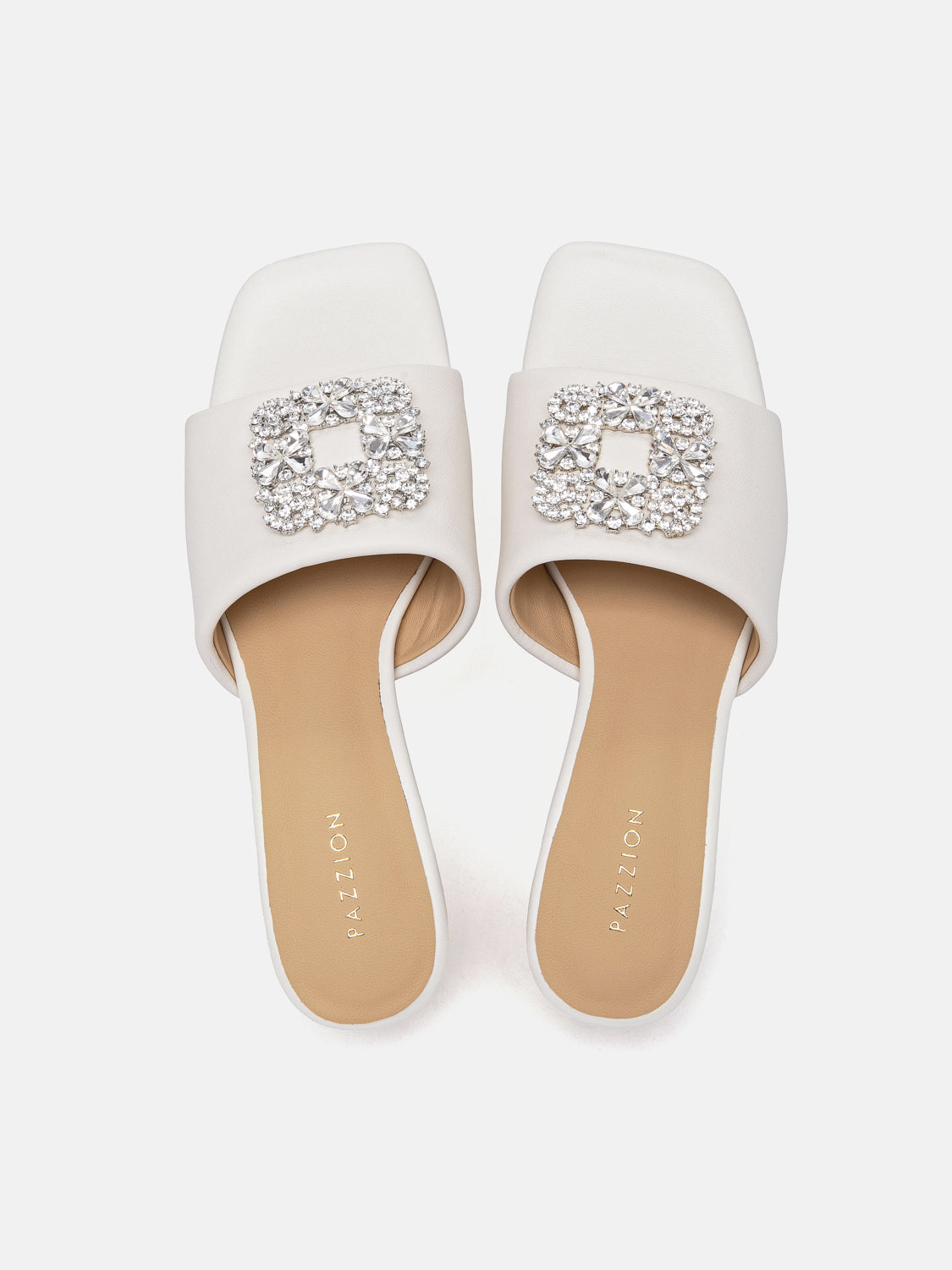 PAZZION, Florence Crystal Embellished Buckle Leather Sandal Heels, Beige