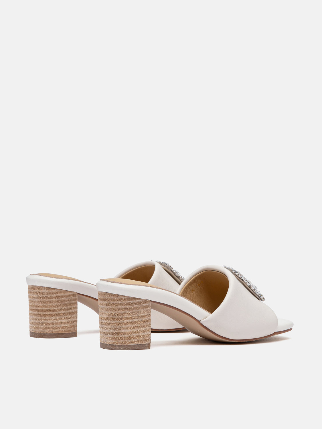 PAZZION, Florence Crystal Embellished Buckle Leather Sandal Heels, Beige
