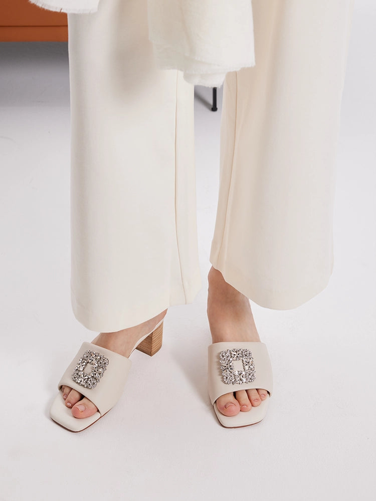 PAZZION, Florence Crystal Embellished Buckle Leather Sandal Heels, Beige
