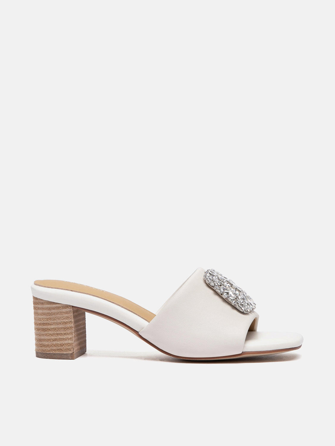 PAZZION, Florence Crystal Embellished Buckle Leather Sandal Heels, Beige