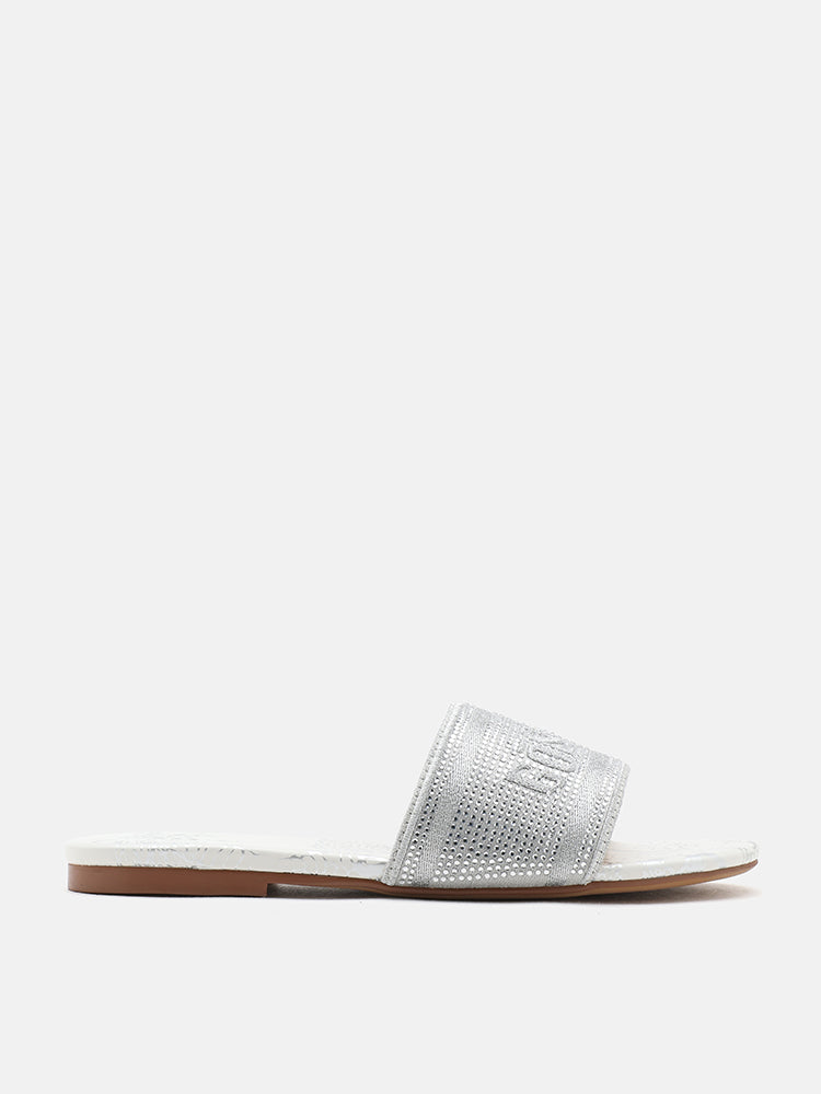 PAZZION, Florence Crystal Embroidered Slides, Silver