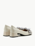 PAZZION, Florianna Ribbon and Pearl Low Block Heels, Beige