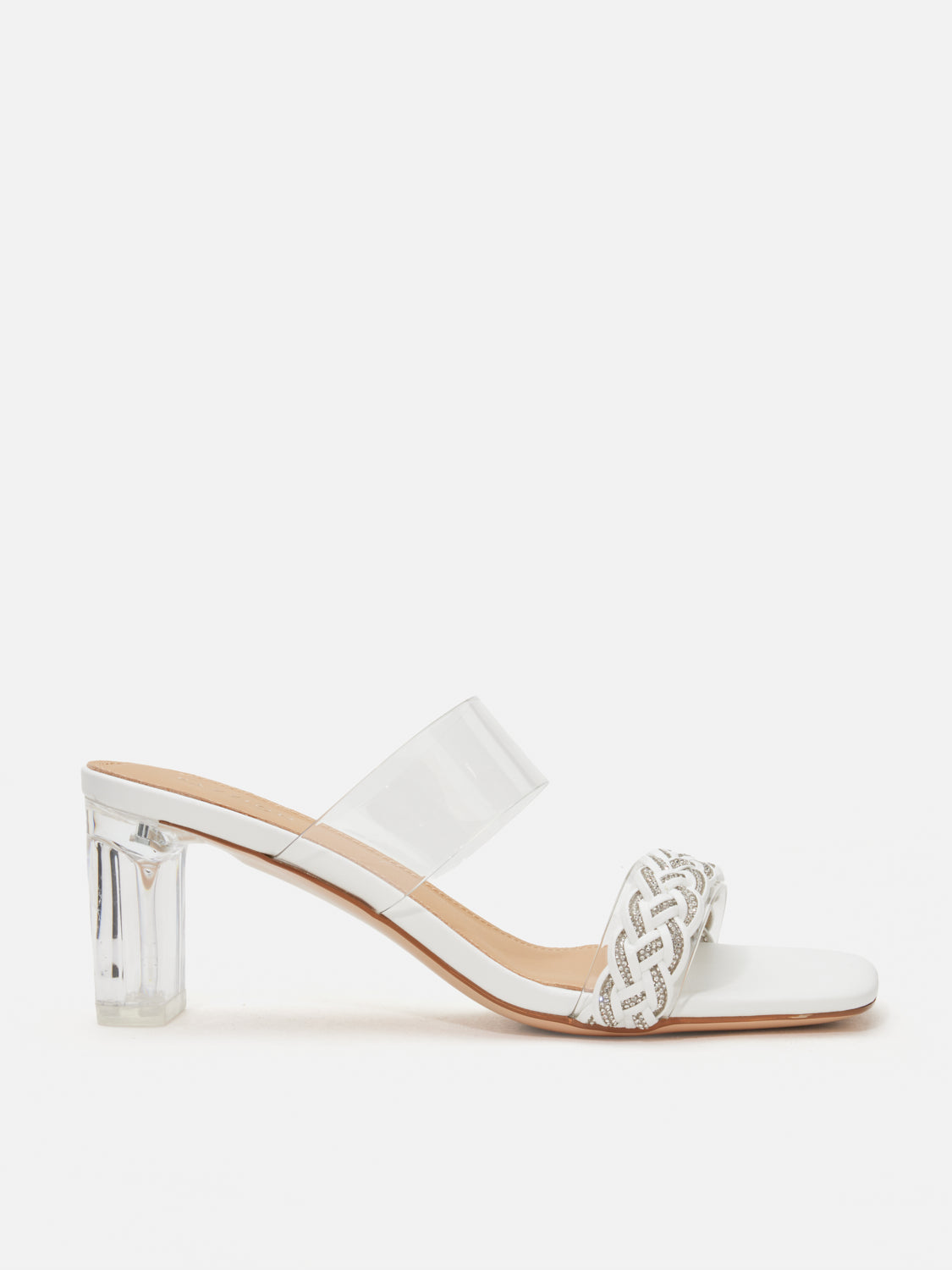 PAZZION, Freya Crystal Embellished Woven Sandal Heels, Beige