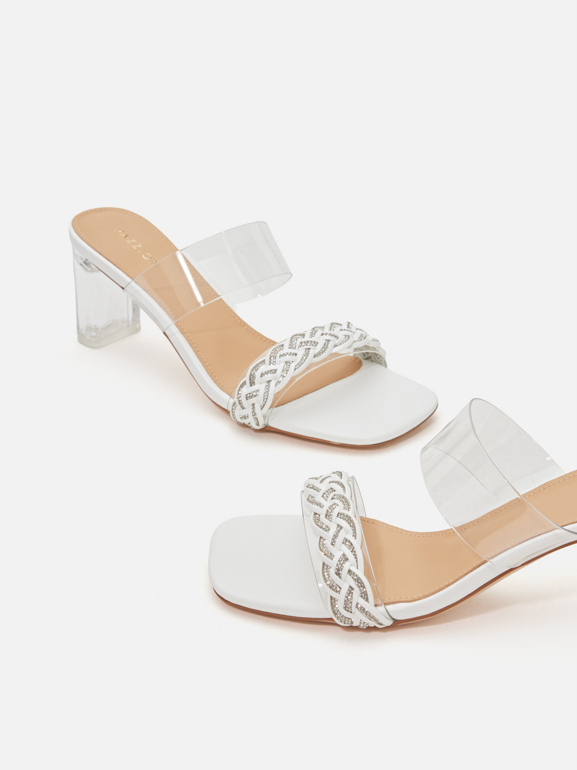 PAZZION, Freya Crystal Embellished Woven Sandal Heels, Beige