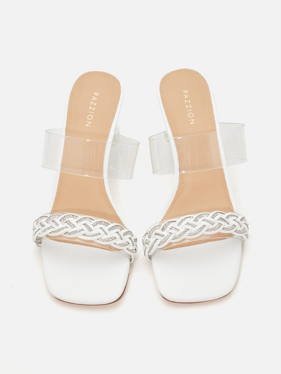 PAZZION, Freya Crystal Embellished Woven Sandal Heels, Beige