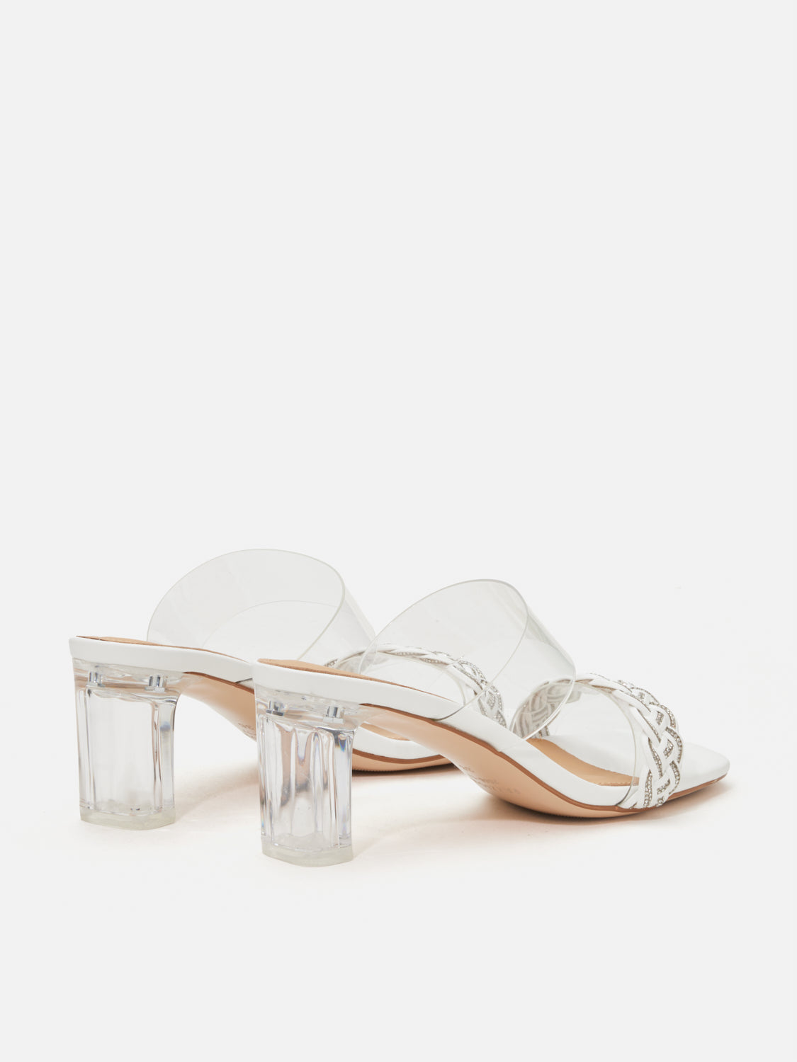 PAZZION, Freya Crystal Embellished Woven Sandal Heels, Beige