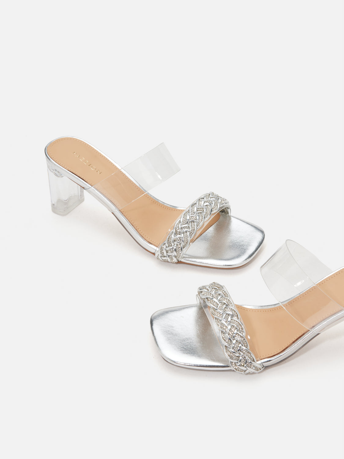 PAZZION, Freya Crystal Embellished Woven Sandal Heels, Silver