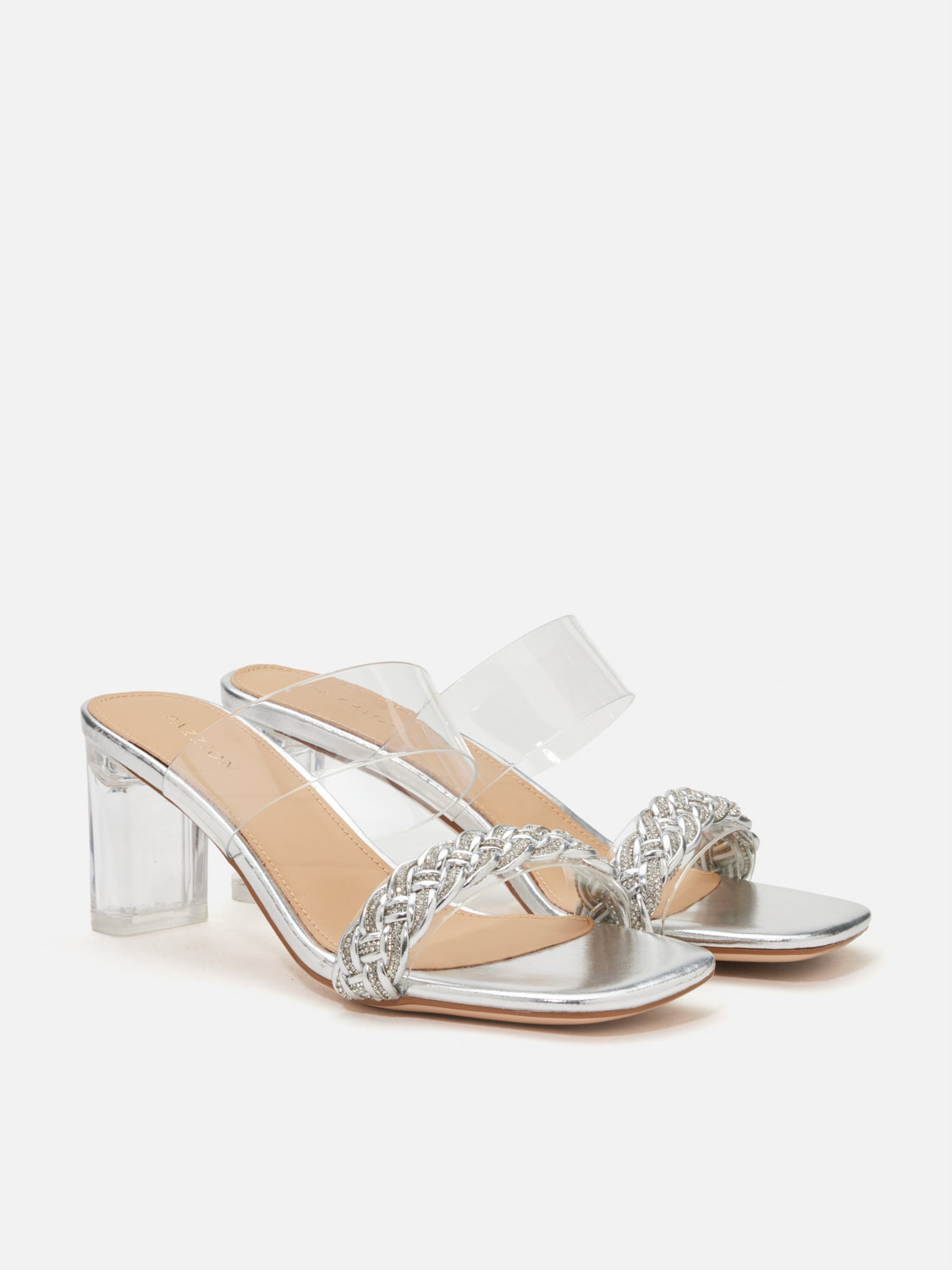 PAZZION, Freya Crystal Embellished Woven Sandal Heels, Silver