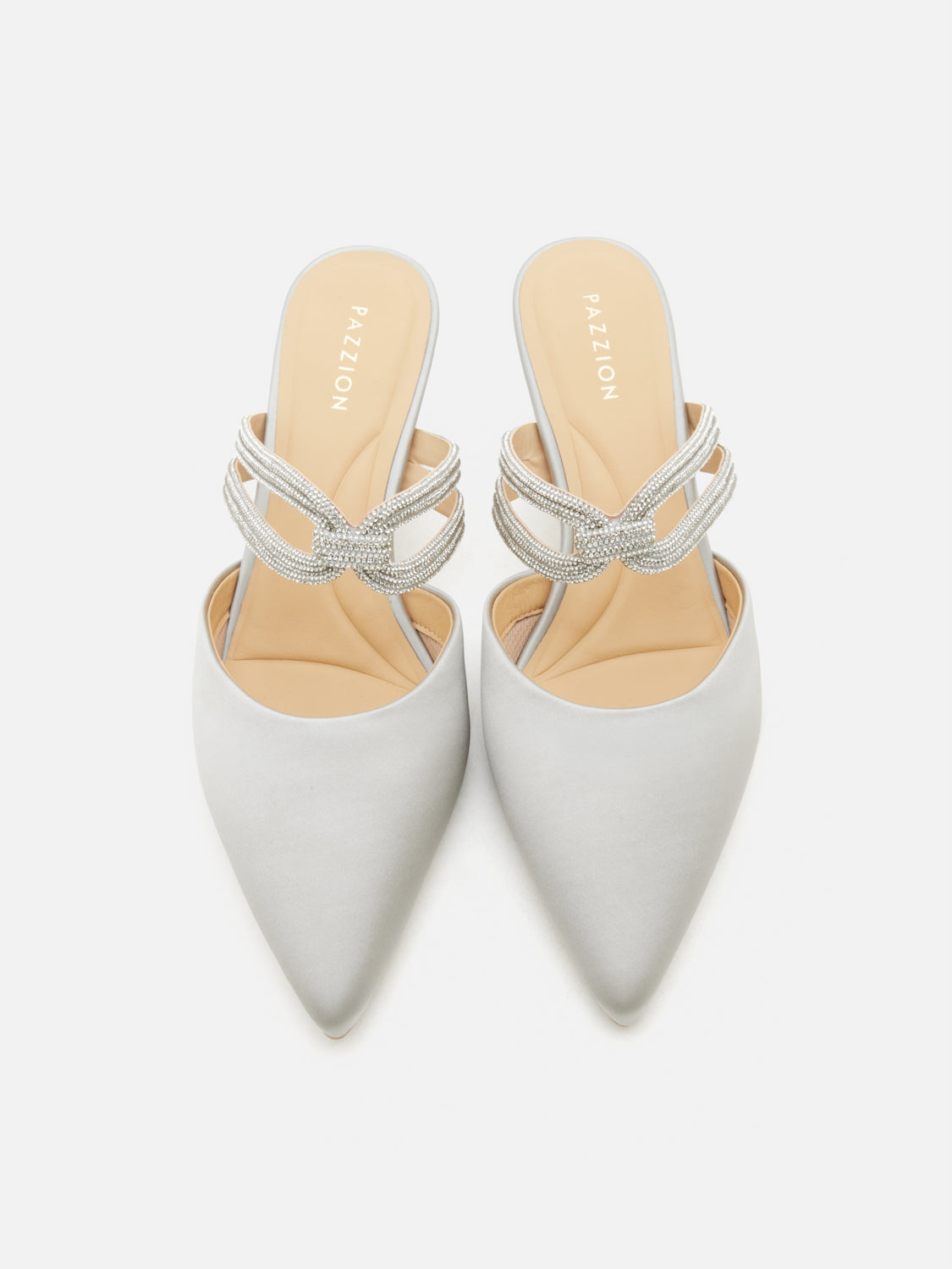 PAZZION, Gabriella Crystal Embellished Silk Mule Heels - Silver, Silver