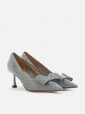 PAZZION, Guinevere Crystal Embellished Bow Perforated Heels, Pewter