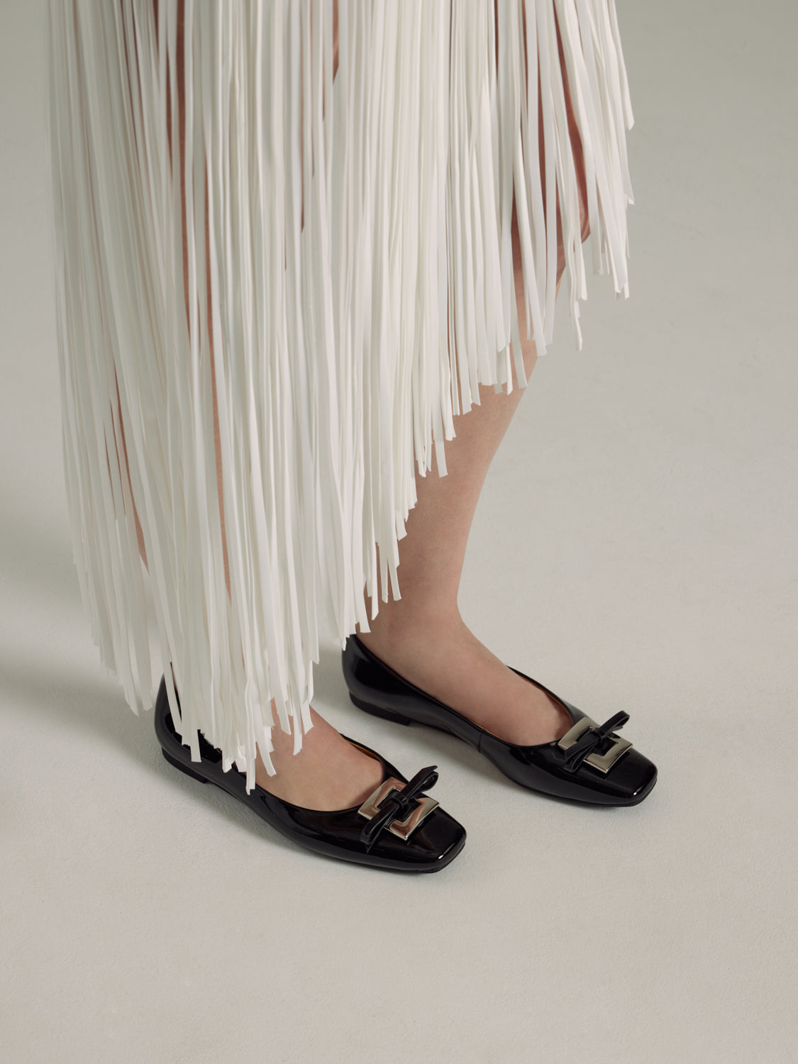 PAZZION, Gwen Silver Buckle Patent Leather Flats, Black