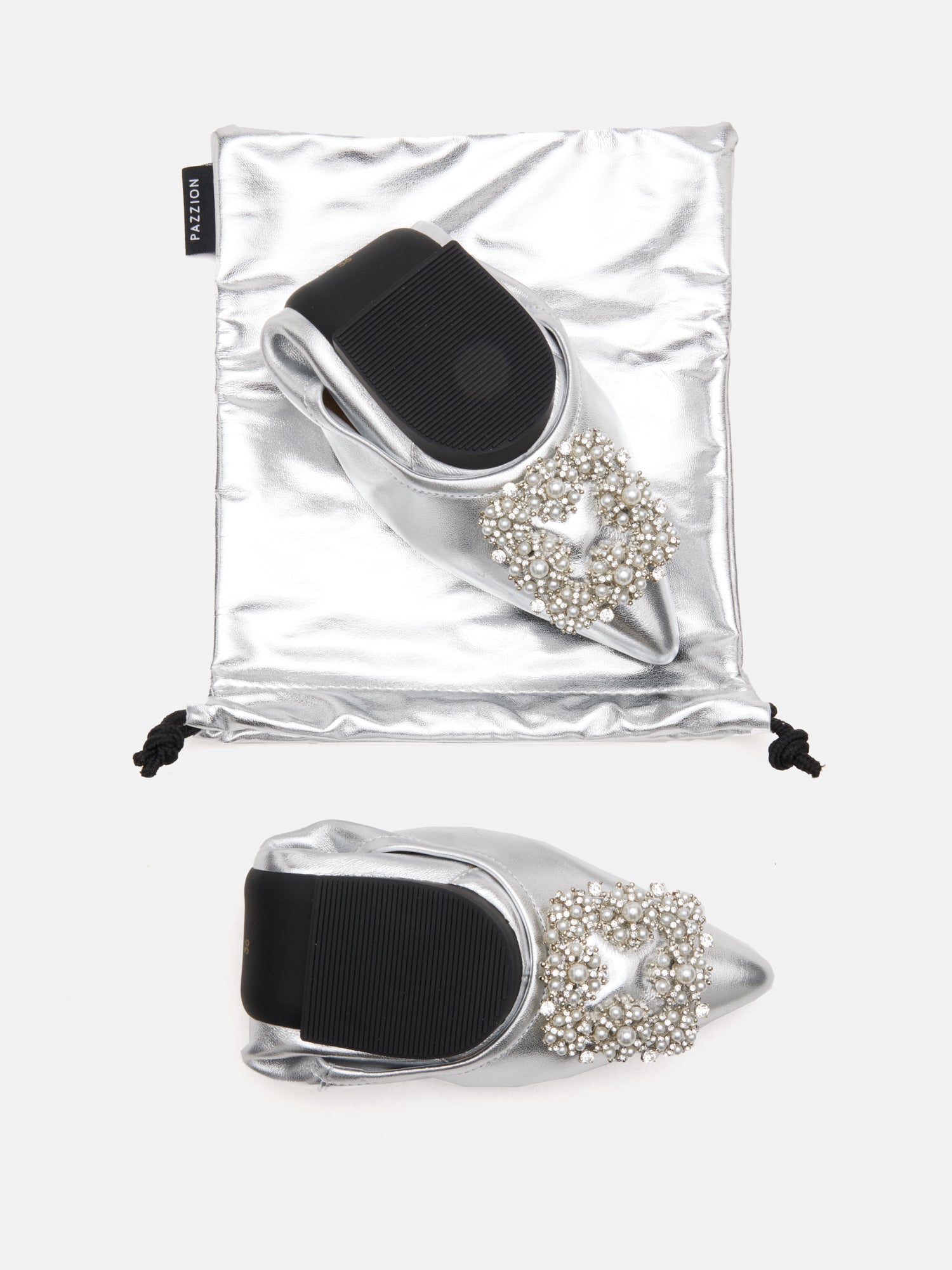 PAZZION, Harivelle Pearl Embellished Leather Foldable Flats, Silver