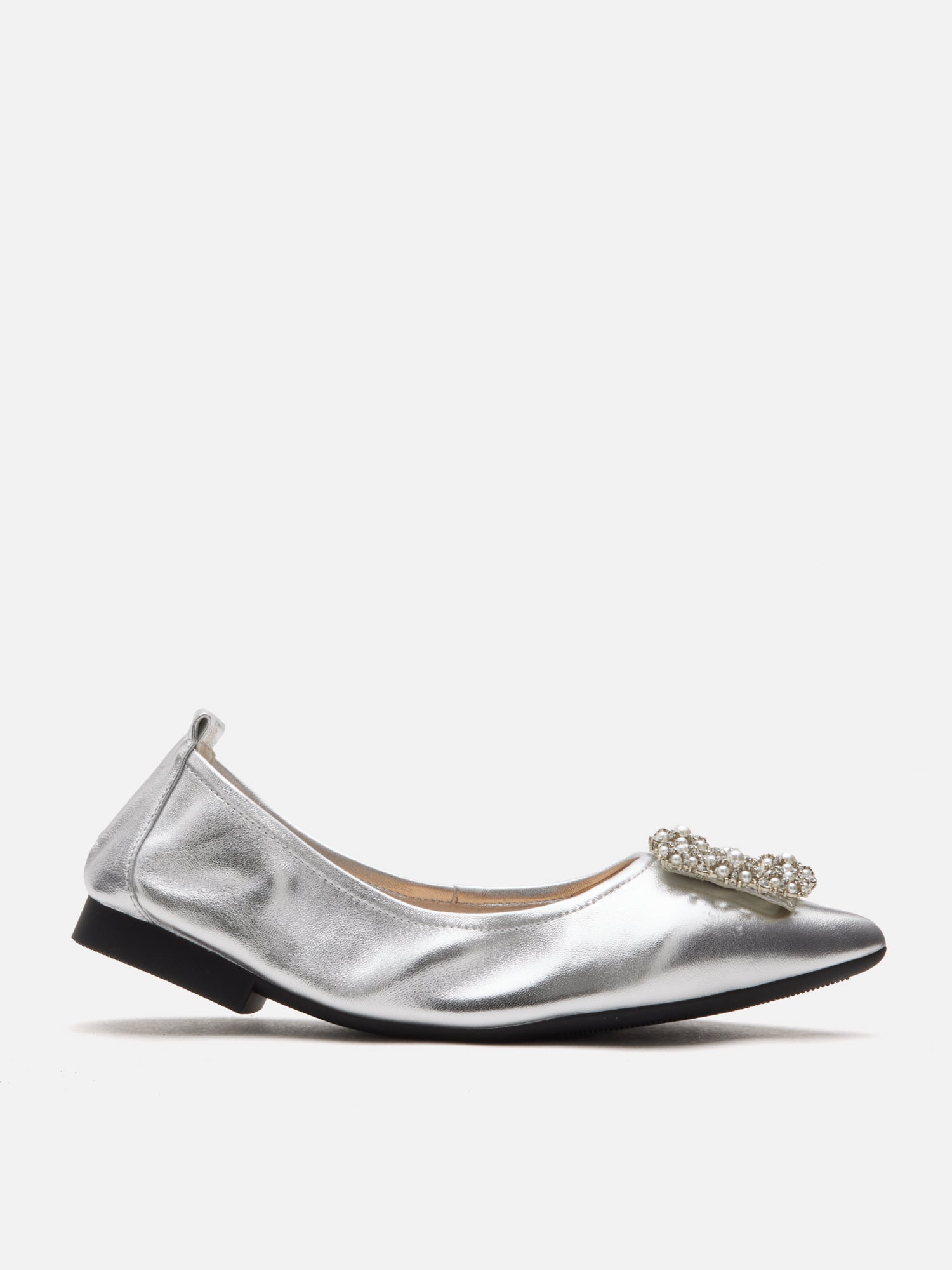 PAZZION, Harivelle Pearl Embellished Leather Foldable Flats, Silver
