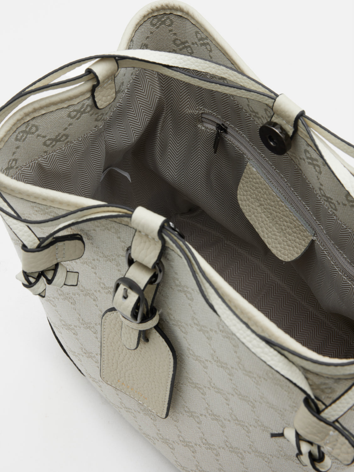 PAZZION, Hedi Monogram Bucket Bag, Beige