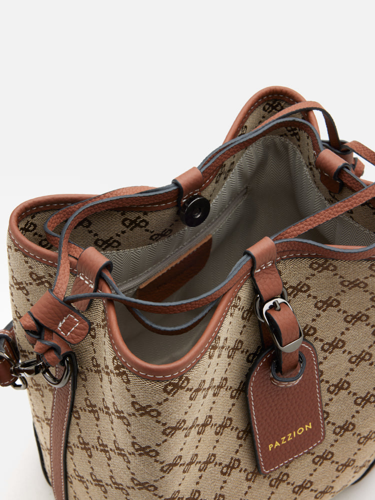 PAZZION, Hedi Monogram Bucket Bag, Brown