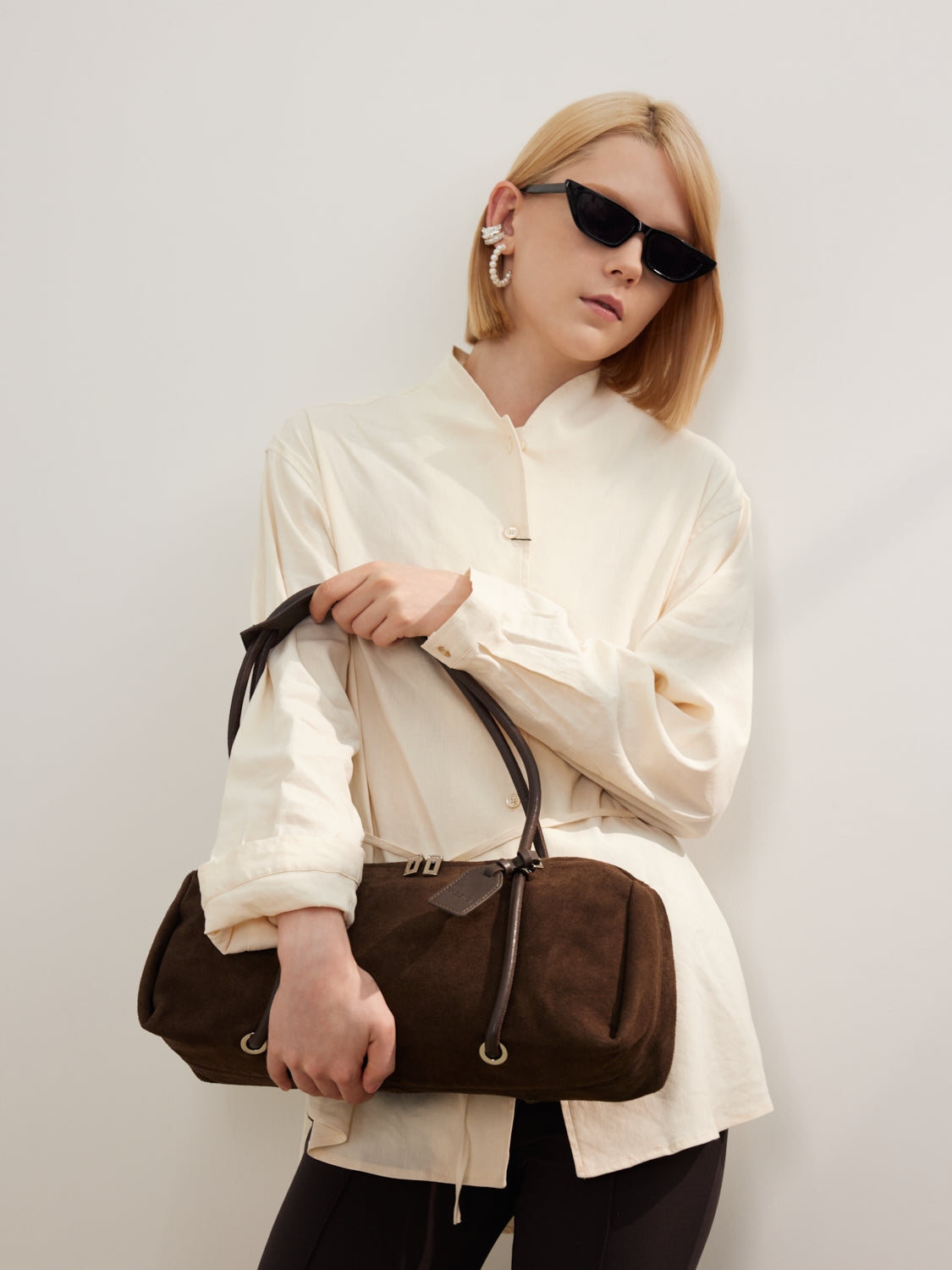 PAZZION, Henrietta Horizontal Leather Shoulder Bag - Dark Brown, Brown