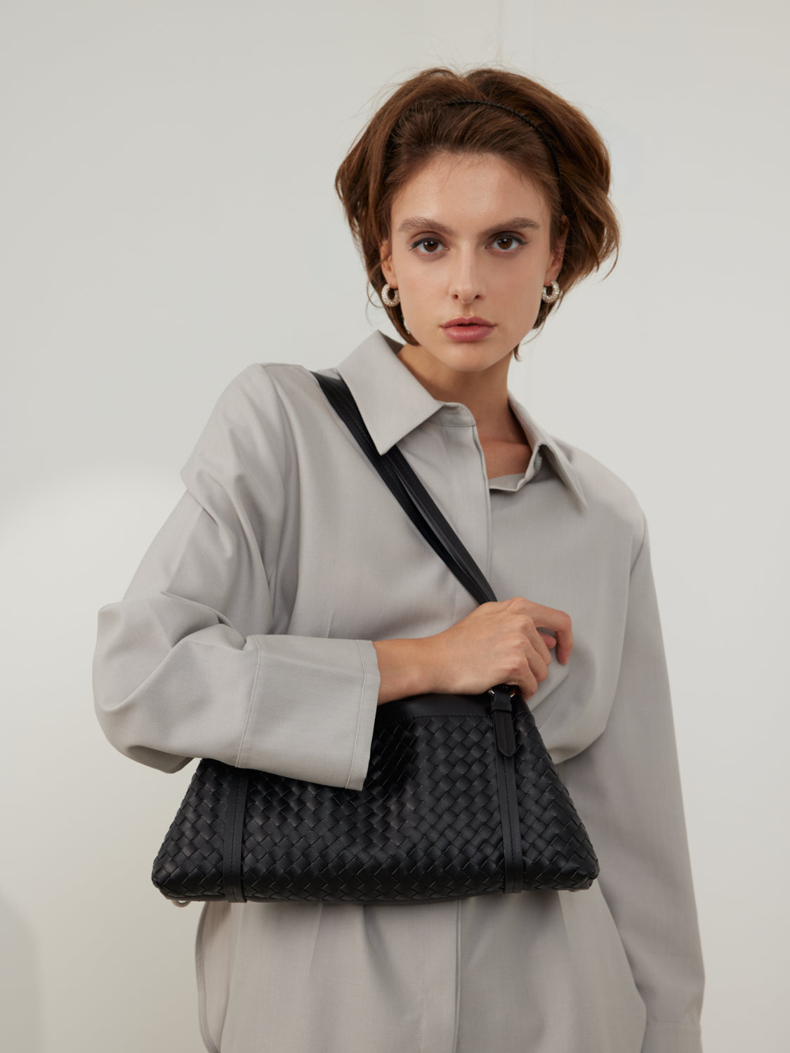 PAZZION, Ida Woven Leather Shoulder Bag, Black