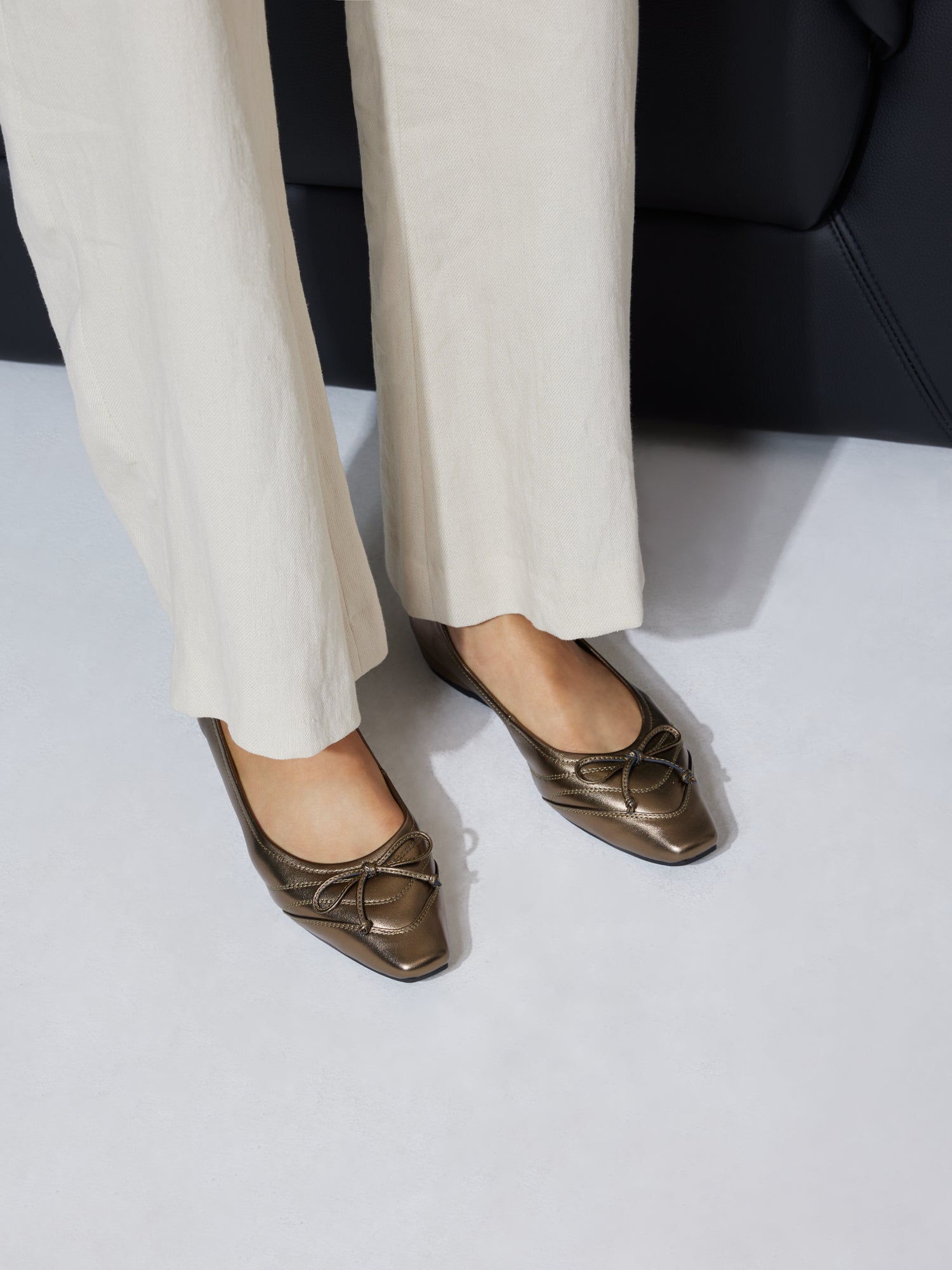 PAZZION, Iridelle Bow Leather Flats, Bronze