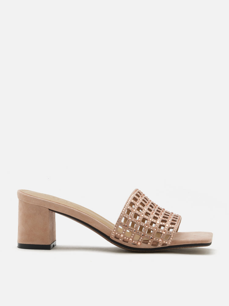 PAZZION, Iris Crystal Embellished Perforated Mule Heels, Almond