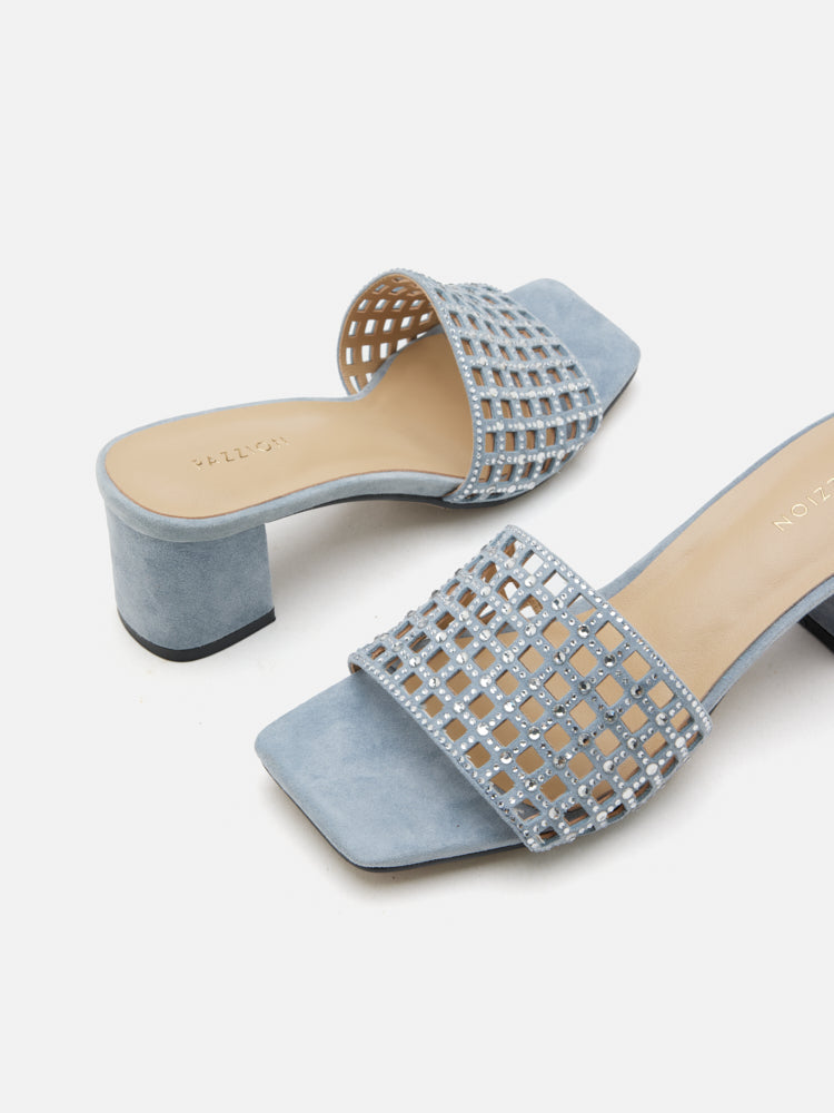 PAZZION, Iris Crystal Embellished Perforated Mule Heels, Lightblue