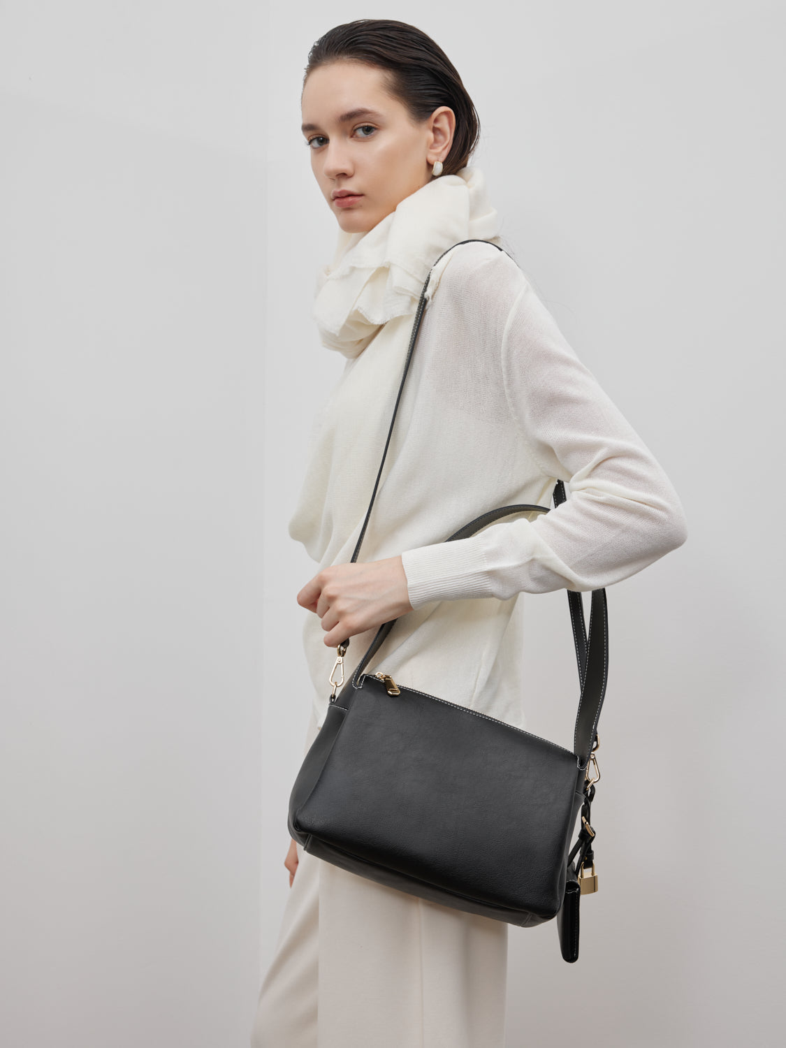 PAZZION, Ivana Lock Leather Bag, Black