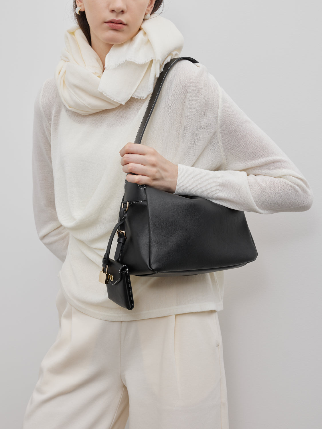 PAZZION, Ivana Lock Leather Bag, Black