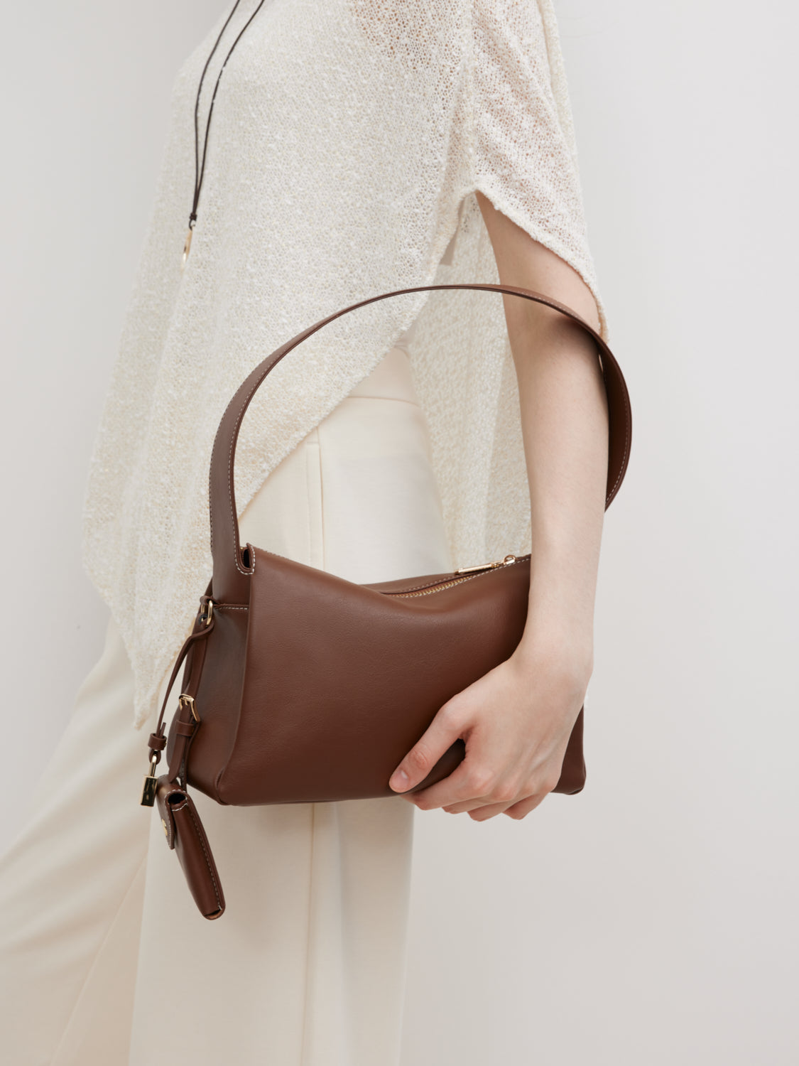 PAZZION, Ivana Lock Leather Bag, Brown